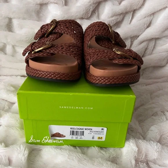 Sam Edelman, Reid, Cognac Woven Double Buckle Platform Sandals - Picture 7 of 9